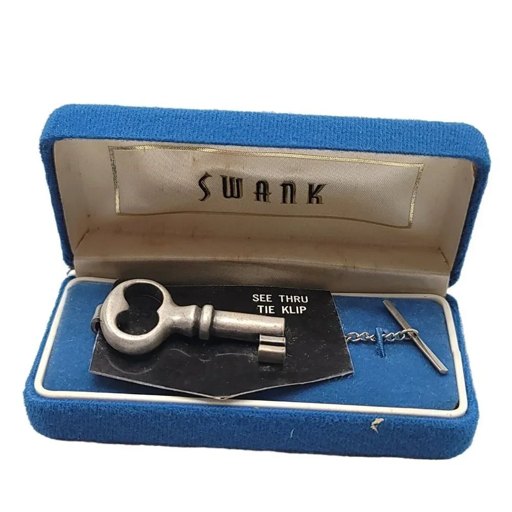SWANK Silver Tone See Thru Key Tie Clip New Old Stock in Box